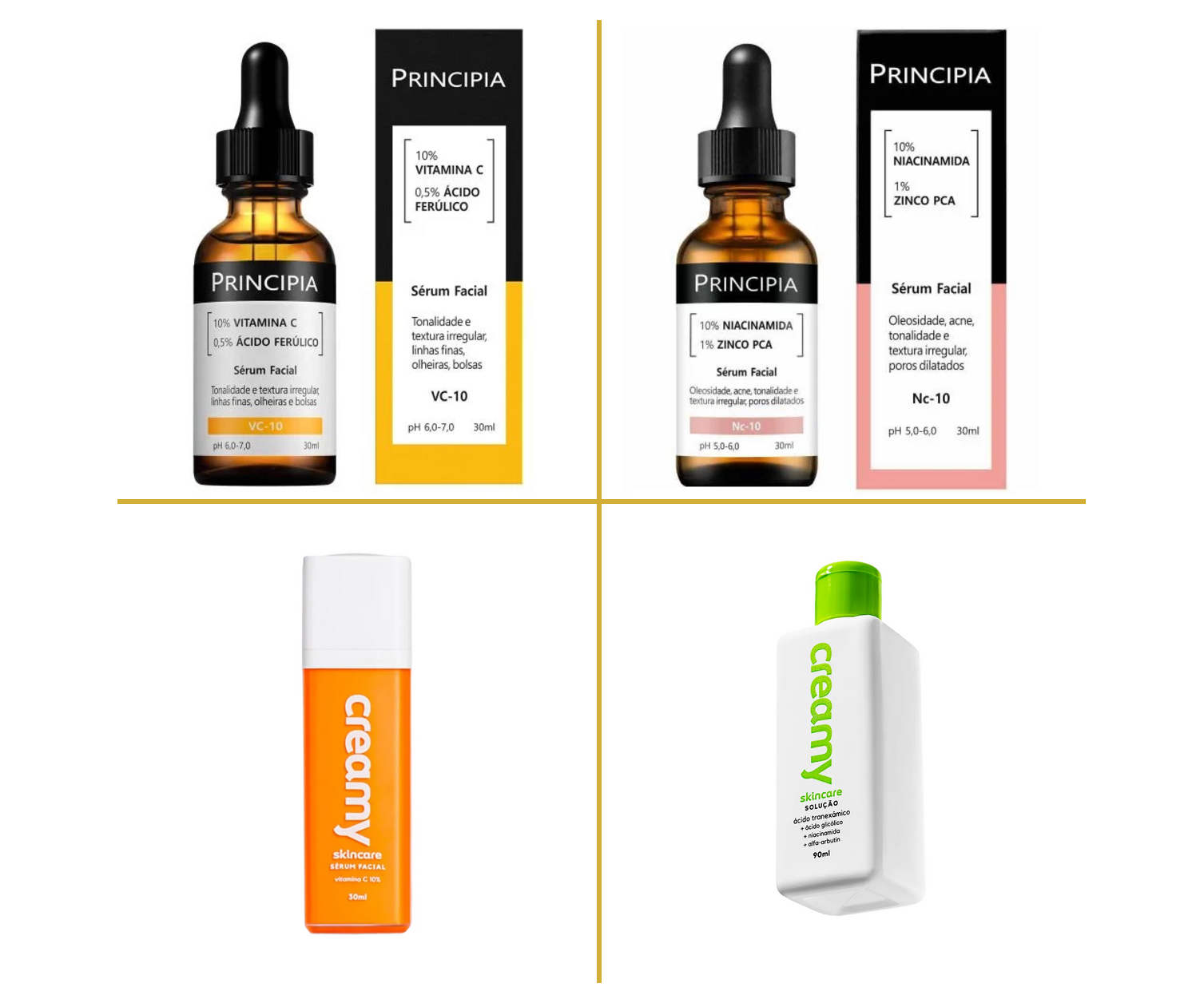 Ativos para pele negra — Principia VC-10, NC-10, Creamy Sérum Vitamina C e Tônico Clareador