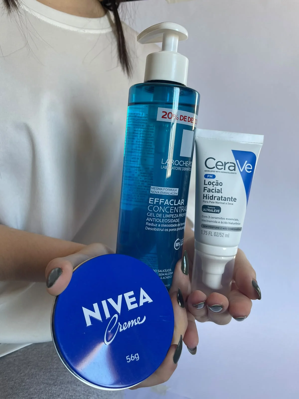 A Tríade do Skincare — Nivea Creme, CeraVe e Effaclar na rotina de limpeza, hidratação e proteção
