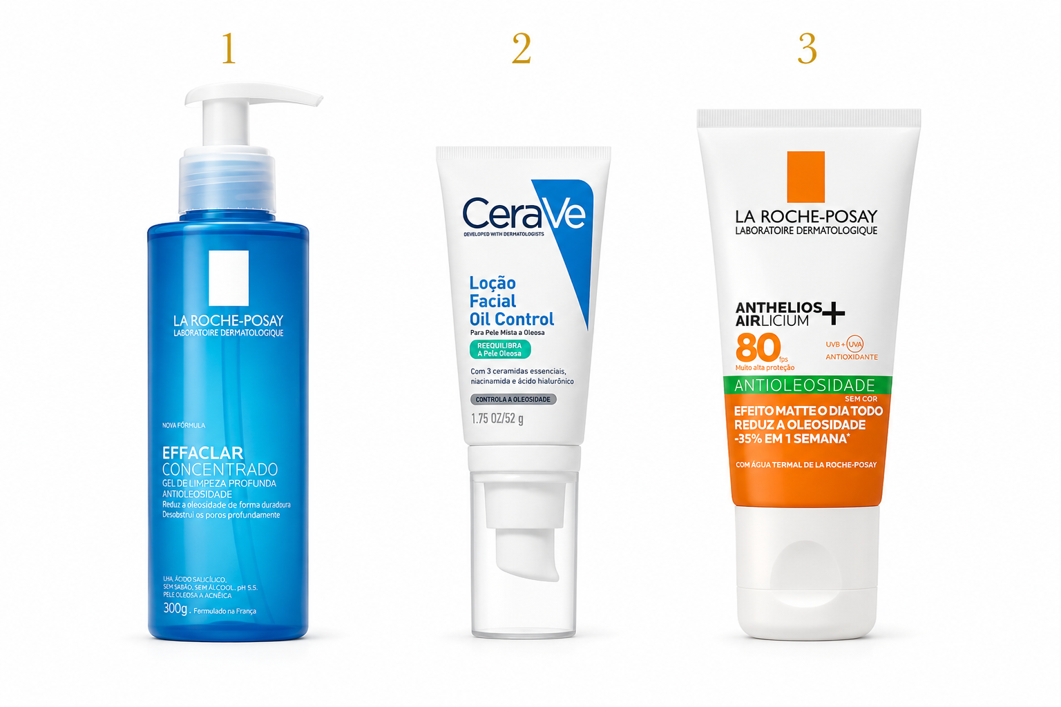 Rotina de skincare para pele oleosa com os três produtos organizados lado a lado