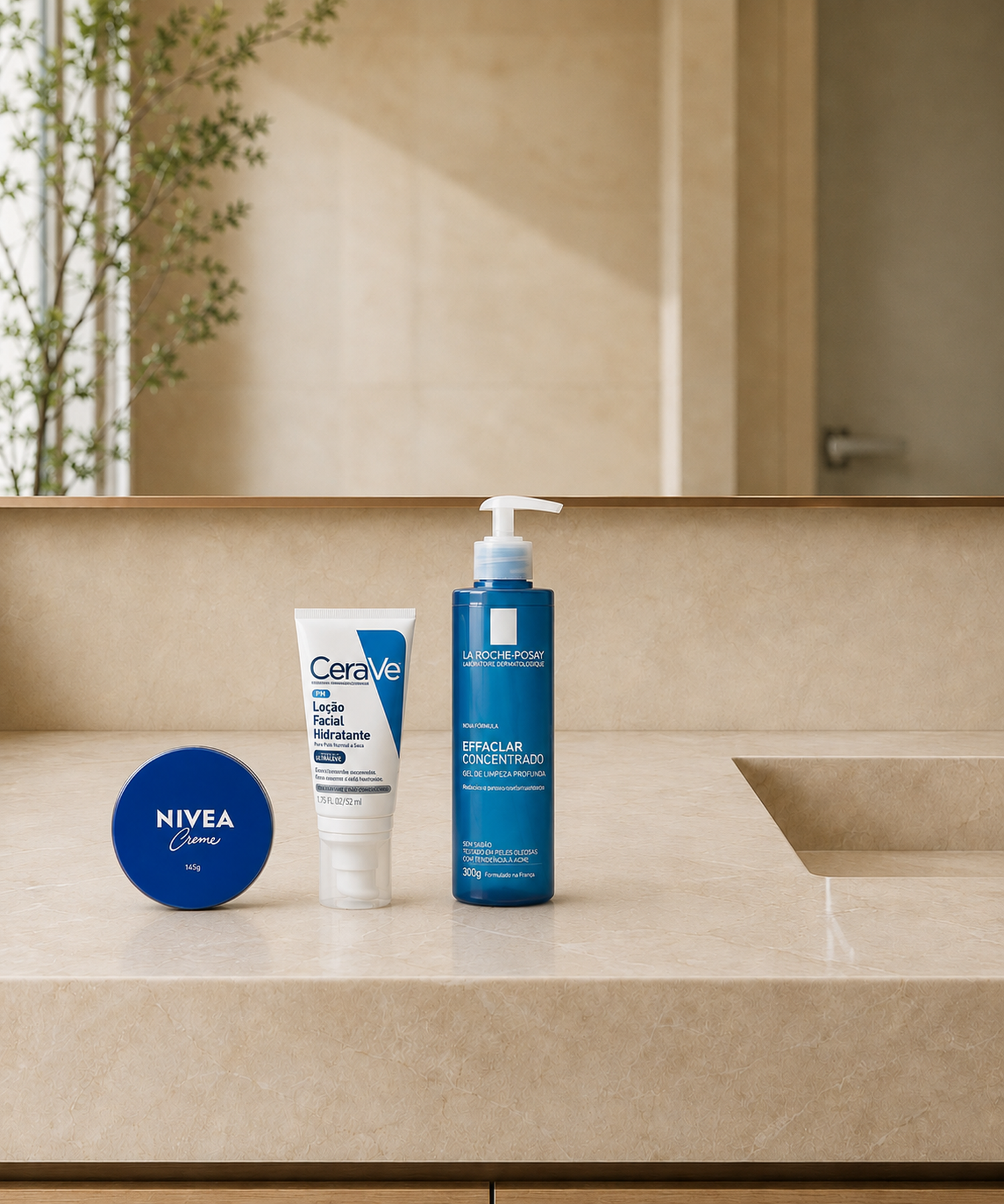 Tríade do Skincare: Nivea, CeraVe e Effaclar na pia de banheiro