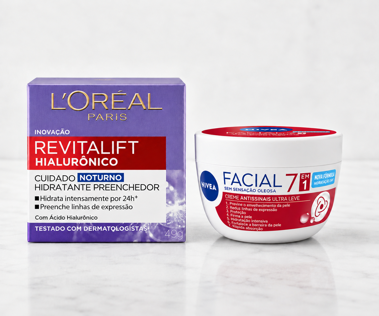 Nivea Antissinais e Revitalift lado a lado na pia, comparando os dois produtos do Crivo LoveSkin
